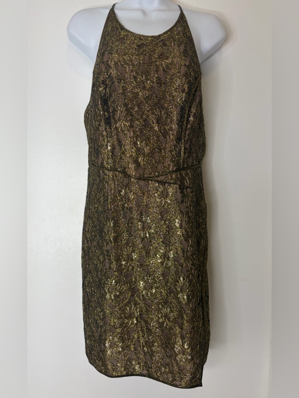 BCBGMaxAzria Olive and Gold Textured Midi Dress